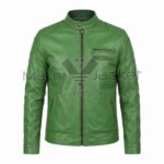 ront view of Green Cafe Racer Leather Jacket featuring a snap-tab collar, horizontal chest zippers, and quilted shoulders, shown on a white background.