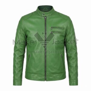 ront view of Green Cafe Racer Leather Jacket featuring a snap-tab collar, horizontal chest zippers, and quilted shoulders, shown on a white background.