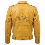 Back view of Yellow Basic Brando Biker Leather Jacketfeaturing shoulder epaulets, zippered cuffs, and a buckled waist belt, isolated on a white background.