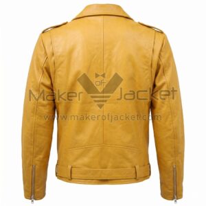 Back view of Yellow Basic Brando Biker Leather Jacketfeaturing shoulder epaulets, zippered cuffs, and a buckled waist belt, isolated on a white background.