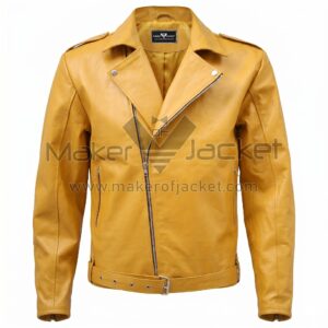 Front view of Yellow Basic Brando Biker Leather Jacket featuring a classic lapel collar, an asymmetrical front zipper, and a belted waist, shown against a white background.