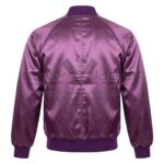 Back view of Vintage Purple Satin Bomber Jacket featuring a ribbed collar, cuffs, and waistband with a central vertical seam.