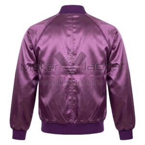 Back view of Vintage Purple Satin Bomber Jacket featuring a ribbed collar, cuffs, and waistband with a central vertical seam.