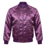 Front view of Vintage Purple Satin Bomber Jacket featuring a full zipper, ribbed collar, cuffs, and waistband, and two front slash pockets with Maker of Jacket brand label.
