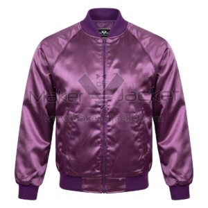 Front view of Vintage Purple Satin Bomber Jacket featuring a full zipper, ribbed collar, cuffs, and waistband, and two front slash pockets with Maker of Jacket brand label.