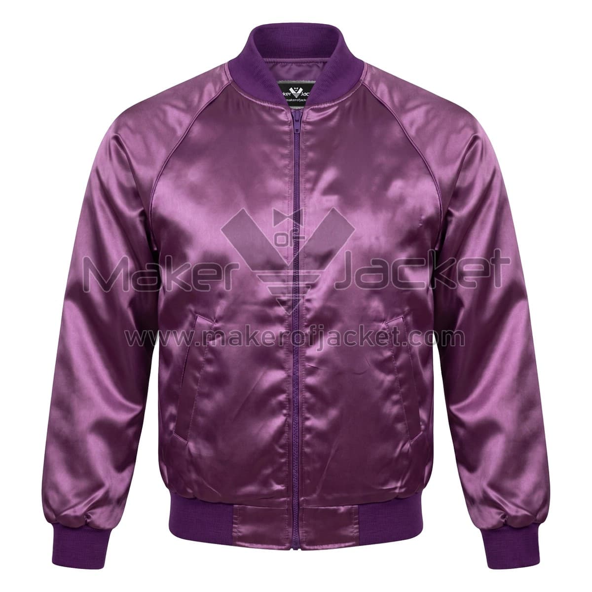 Vintage Purple Satin Bomber Jacket Front Front view of Vintage Purple Satin Bomber Jacket featuring a full zipper, ribbed collar, cuffs, and waistband, and two front slash pockets with Maker of Jacket brand label.
