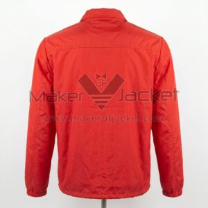 Back view Vintage Red Boy Scouts of America Windbreaker Jacket featuring a classic collar, straight shoulder yoke, and elasticized sleeve cuffs.