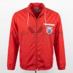 Front view of Vintage Red Boy Scouts of America Windbreaker Jacket featuring zipper, white drawstrings, and a white zippered chest pocket featuring a blue and white crest with Maker of Jacket brand label.