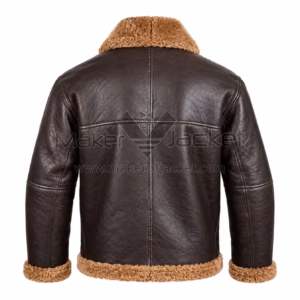 Back View Of Brown Fur Leather Jacket Featuring Fur Collar With Zipper With Trim fur cuffs and hemline.