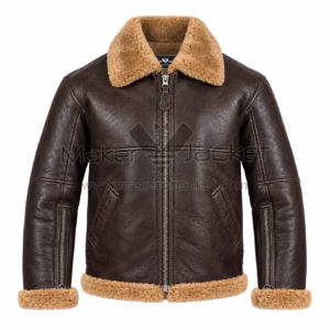 Front View of Brown Fur Leather Jacket Featuring Zipper Closure with Waist pockets.