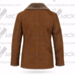 Rear view of a heavy brown suede shearling jacket with tailored vertical paneling and fuzzy trim on the collar and hem.