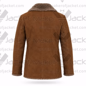 Rear view of a heavy brown suede shearling jacket with tailored vertical paneling and fuzzy trim on the collar and hem.