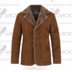 Front view of a warm brown suede winter jacket with exposed faux-fur trim along the wide lapel, front placket, and hem.