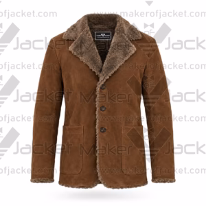 Front view of a warm brown suede winter jacket with exposed faux-fur trim along the wide lapel, front placket, and hem.