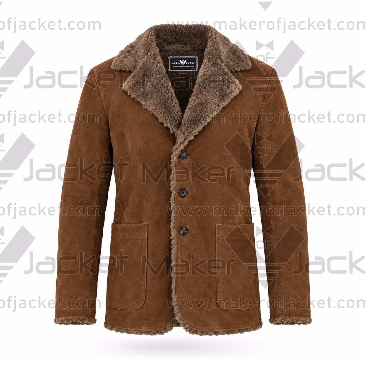 Brown Suede Leather Fur Coat Front View Front view of a warm brown suede winter jacket with exposed faux-fur trim along the wide lapel, front placket, and hem.