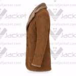Side view of a mid-length brown suede winter jacket featuring a three-button front and thick sherpa lining.