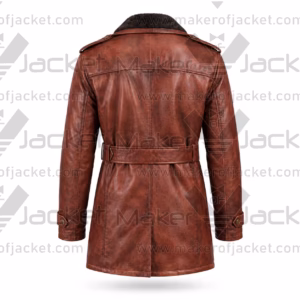Rear view of a distressed brown leather winter trench coat featuring shoulder epaulets, structural back seams, and a belt.