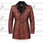 Front view of a vintage-style distressed brown leather trench coat with a dark fur-lined lapel, belted waist, and epaulets.