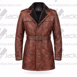 Front view of a vintage-style distressed brown leather trench coat with a dark fur-lined lapel, belted waist, and epaulets.