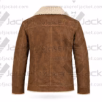 Back view of a distressed brown leather fur-lined trucker jacket showcasing classic stitched paneling and exposed cream fur trim at the collar and bottom hem.