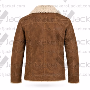 Back view of a distressed brown leather fur-lined trucker jacket showcasing classic stitched paneling and exposed cream fur trim at the collar and bottom hem.