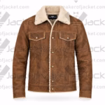 Front view of a men's distressed brown leather fur-lined trucker jacket featuring a thick cream fur collar, metallic button closure, and dual chest pockets.