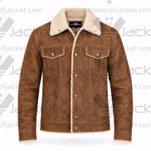 Front view of a men's distressed brown leather fur-lined trucker jacket featuring a thick cream fur collar, metallic button closure, and dual chest pockets.