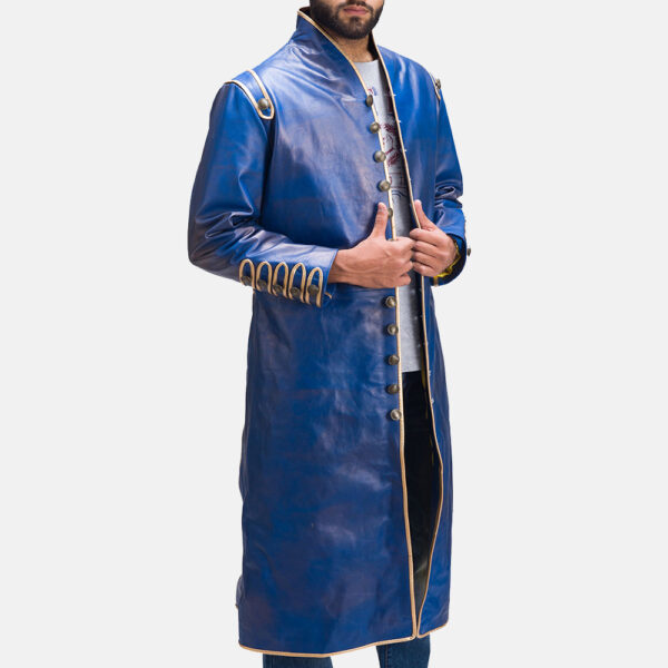 Percy blue leather long coat with modern fit and sleek design