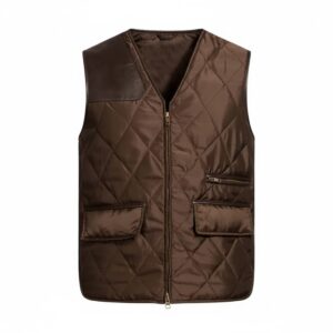 The Walking Dead Governor brown satin vest with leather shoulder trim, YKK zipper, and pockets front view