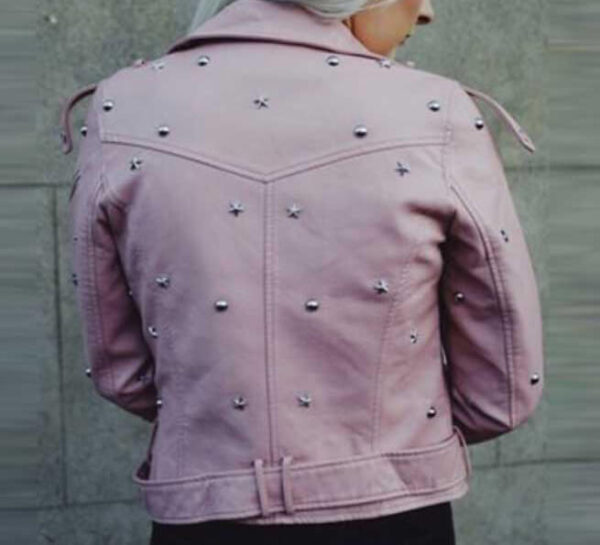 Women's-Silver-Studded-Biker-Style-Pink-Leather-Jacket