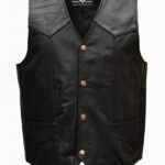 Men’s Black Biker Style Leather Vest front view, collarless, snap button closure, two front flap pockets