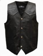Men’s Black Biker Style Leather Vest front view, collarless, snap button closure, two front flap pockets