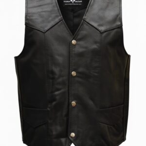 Men’s Black Biker Style Leather Vest front view, collarless, snap button closure, two front flap pockets