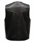 Men’s Black Biker Style Leather Vest back view, smooth black leather with viscose lining
