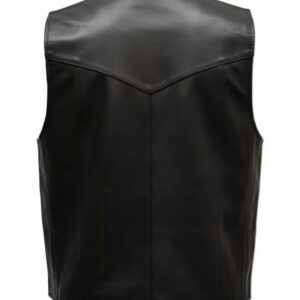 Men’s Black Biker Style Leather Vest back view, smooth black leather with viscose lining