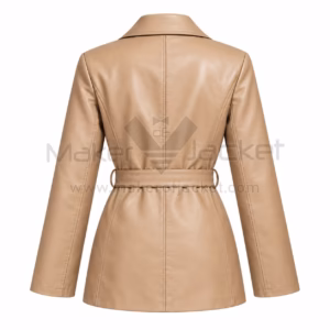 Back view of a women's beige belted leather trench coat showcasing tailored vertical seams and a fitted waist belt.