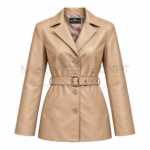 Front view of a women's beige belted leather trench coat featuring a four-button closure, wide lapels, and a matching waist belt.