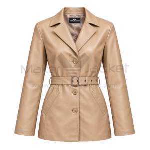 Front view of a women's beige belted leather trench coat featuring a four-button closure, wide lapels, and a matching waist belt.