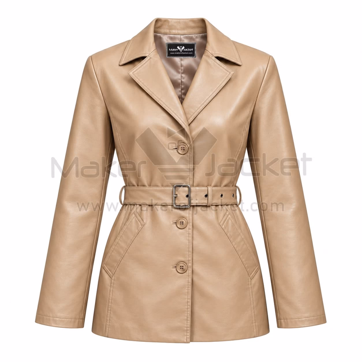 Women Beige Belted Leather Trench Coat (Front) Front view of a women's beige belted leather trench coat featuring a four-button closure, wide lapels, and a matching waist belt.