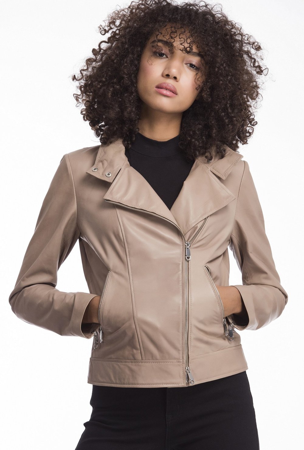 scarlette-snap-collar-biker-jacket-taupe (3) SCARLETTE - Snap Collar Biker Jacket - Image 1