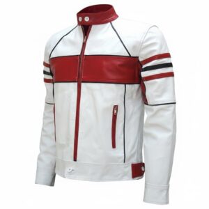 Bi-Color Celesse Men’s Biker Leather Jacket front view in white red and gray with ban collar and zipper closure