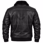 Back View Of Black Army Bomber Leather Jacket Featuring Fur Collar With Rib Knit cuffs and hemline.