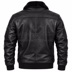 Back View Of Black Army Bomber Leather Jacket Featuring Fur Collar With Rib Knit cuffs and hemline.