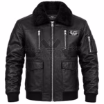 Front View of Black Army Bomber Leather Jacket Featuring Zipper Closure with multi pockets.