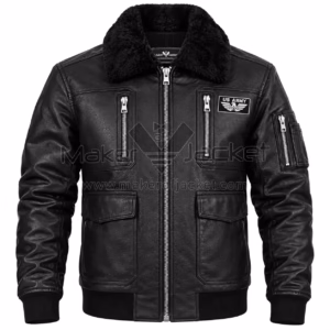 Front View of Black Army Bomber Leather Jacket Featuring Zipper Closure with multi pockets.