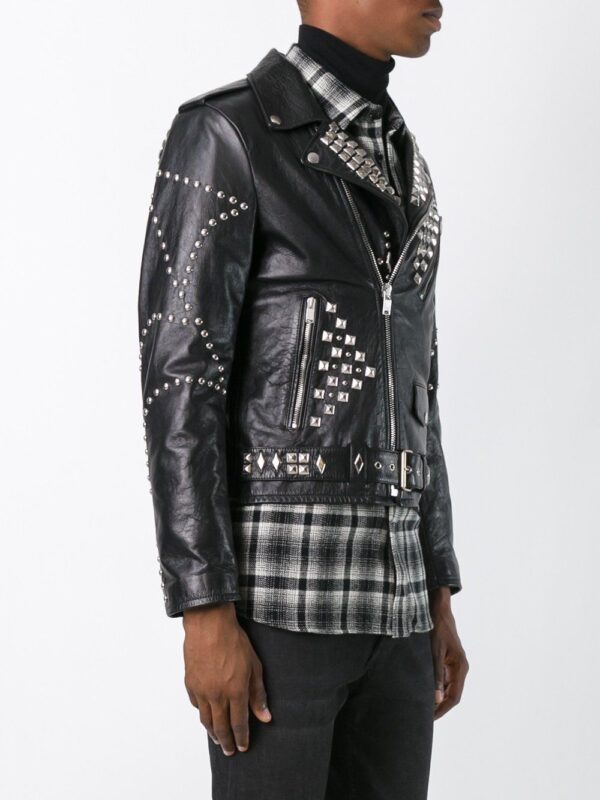 Classic Sliver Studded Leather Motorcycle Jacket - Image 3