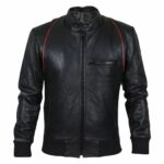 Drake Moto Black Bomber Leather Jacket front view with snap collar, rib-knitted cuffs, and YKK zipper closure