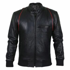 Drake Moto Black Bomber Leather Jacket front view with snap collar, rib-knitted cuffs, and YKK zipper closure
