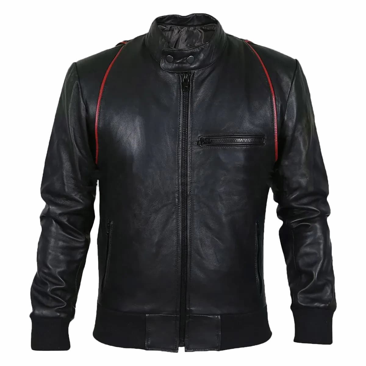 Drake-Mens-Black-Bomber-Moto-Leather-Jacket-1 Drake Moto Black Bomber Leather Jacket front view with snap collar, rib-knitted cuffs, and YKK zipper closure