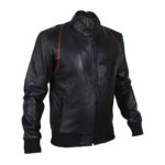 Drake Moto Black Bomber Leather Jacket right side view highlighting rib-knitted waistband and zipper pocket details